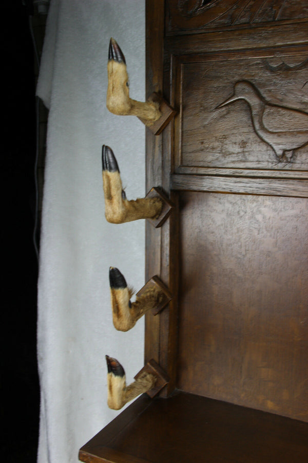 Antique hand wood carved Flemish Hunting gun rack animal black forest paws rare