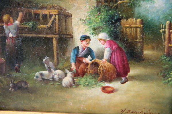 Antique oil panel painting farm scene feeding rabbits kids signed