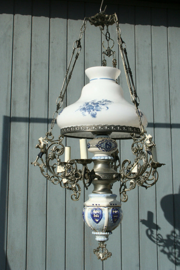 XL Dutch Delft blue white  pottery angels cherubs metal glass chandelier 3 arms
