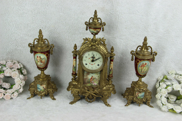 French porcelain Burgundy red romantic victorian Clock set vases