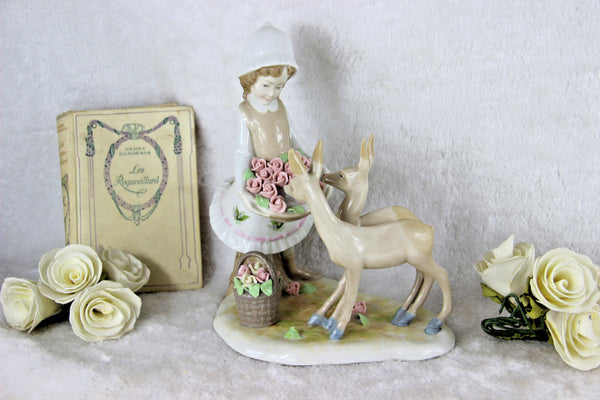 Vintage porcelain girl deer flower basket statue figurine group marked lladro