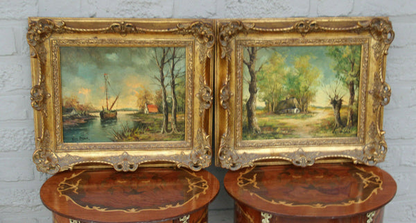 Pair flemish oil cardboard landscape maritime boat scene painting signed