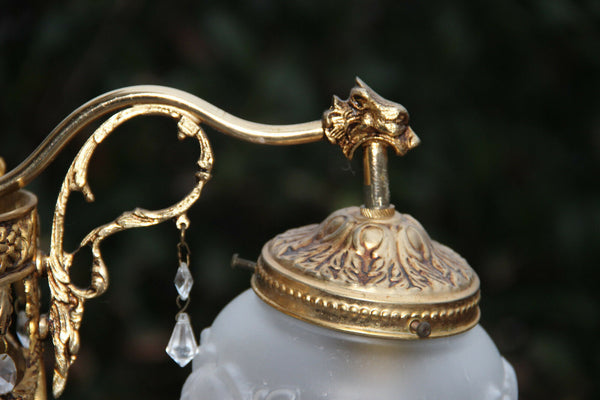 French Chandelier brass glass gothic dragon arms louis XVI decor  1960 n1