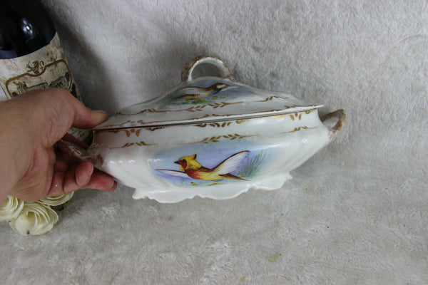 French limoges marked porcelain bird pheasant tableware salad bowl signed