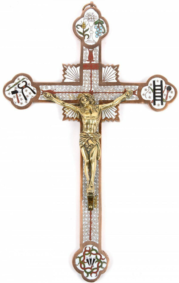 French vintage Cloisonne enamel Copper crucifix cross religious