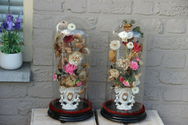 Antique PAIR French glass globes with silk Floral decor porcelain Vases