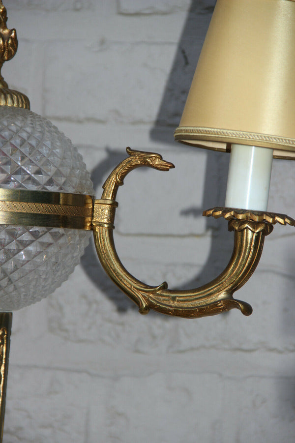 LARGE French antique empire bronze swan 3 arm Lamp glass globe lion paws