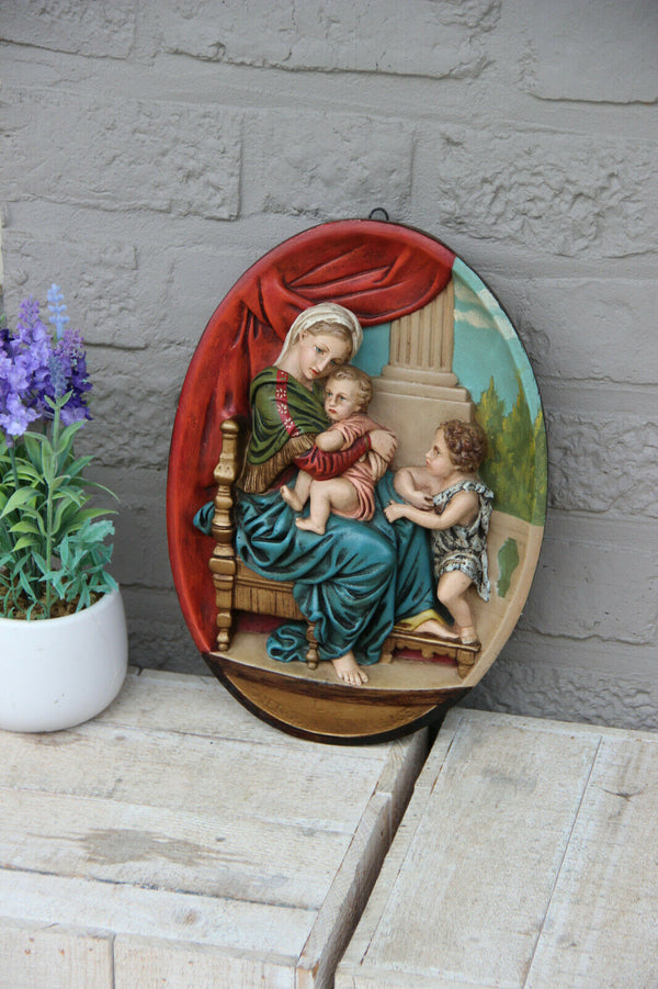 Antique chalkware polychrome hand paint wall panel relief madonna  religious
