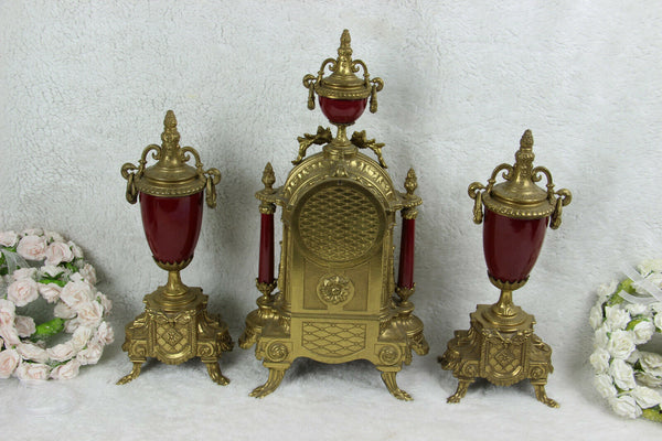 French porcelain Burgundy red romantic victorian Clock set vases