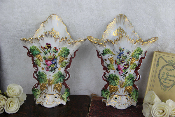 PAIR French vieux paris porcelain Vases Grape clusters floral decor 1920