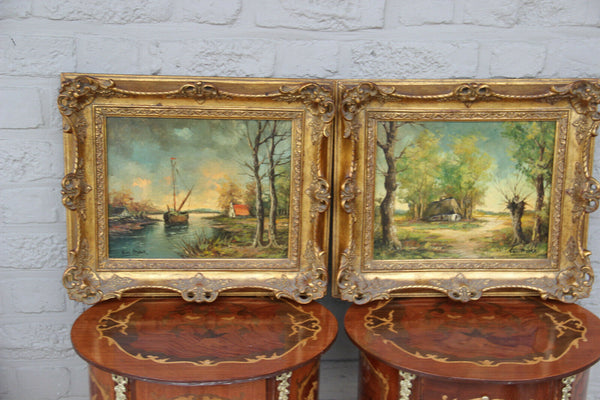 Pair flemish oil cardboard landscape maritime boat scene painting signed