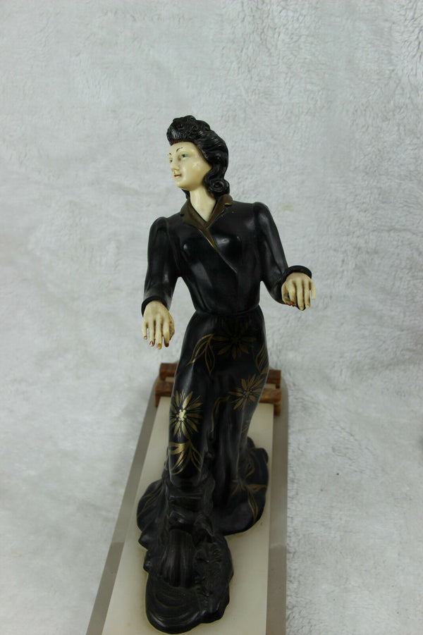 XL ART DECO 1930 french elegance lady statue marble onyx base spelter ivorine
