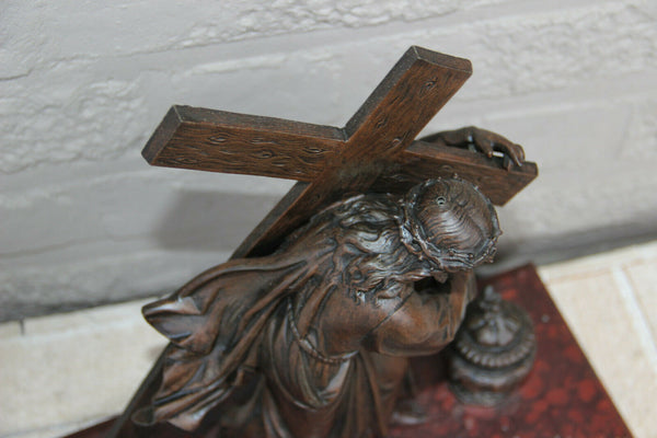 Antique French spelter bronze marble base Jesus christ cross statue inkwell