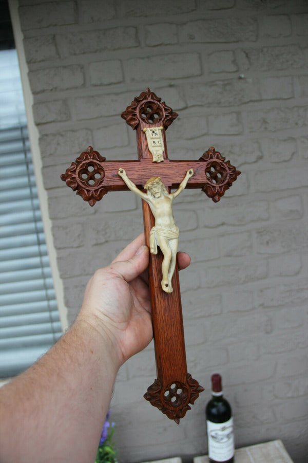 Antique neo gothic wood carved porcelain christ jesus cross religious crucifix