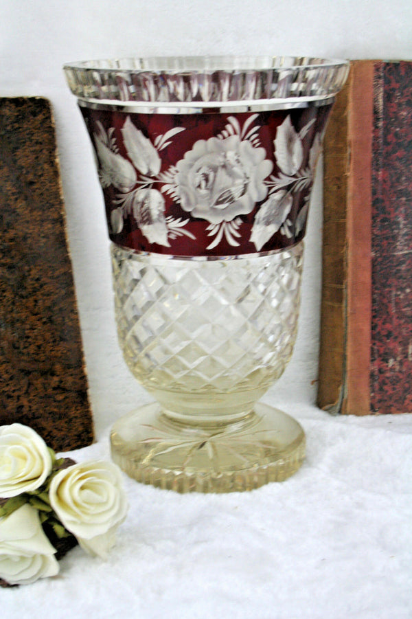 XL  Bohemian  Czech Red Crystal Glass Floral etched Vase rare model 60's