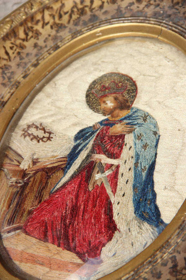 French antique Embroidery Christ Figurine oval frame