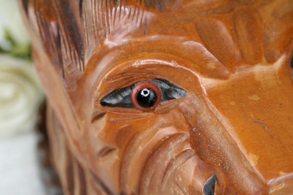 VTG Black forest design Wood carved Swiss Cigarettes box tiger glass eyes