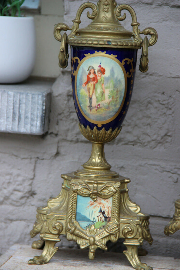 French Porcelain Clock set urns vases victorian romantic scenes