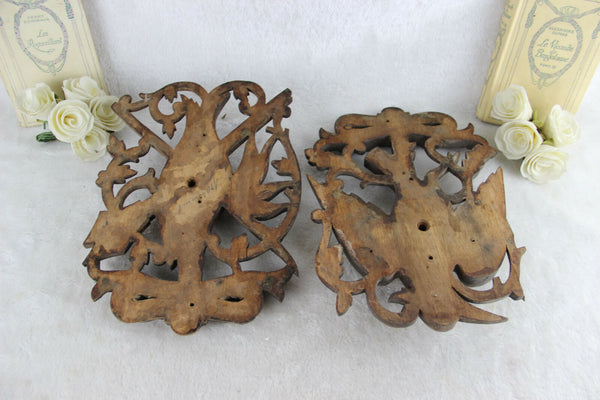 PAIR German black forest wood carved hunting trophy wall plaques 1950
