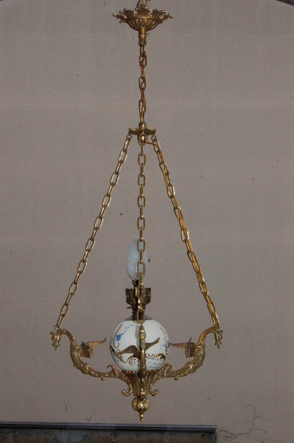 French vintage bronze Dragon gothic 3 arms chandelier opaline glass ball 1950