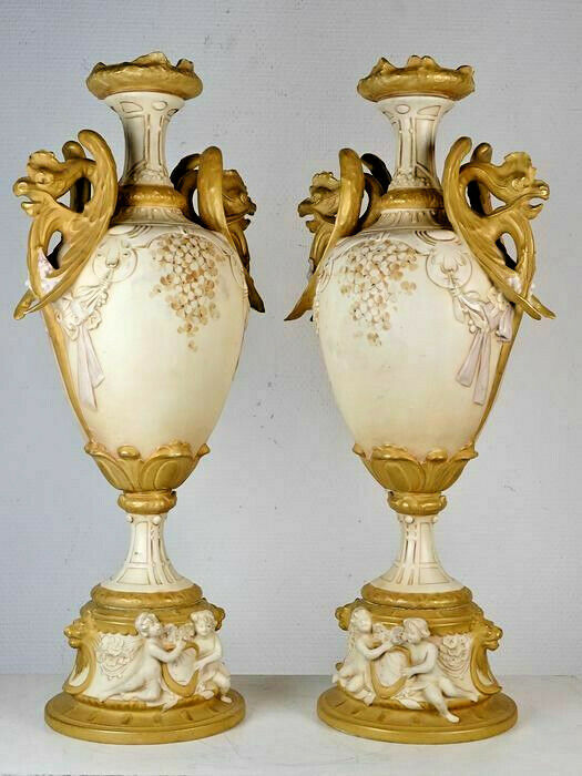 Huge rare pair ROYAL DUX porcelain ceramic Vases Dragon gothic putti vases mark