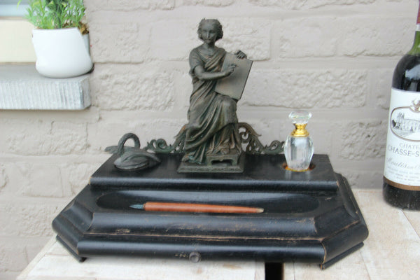 Rare antique napoleon III wood carved spelter bronze statue inkwell pen