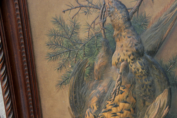 Antique 19thc Hunting trophy partridge bird pheasant relief hand paint panel