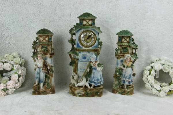 Antique German porcelain bisque marked Clock set romantic figurines set