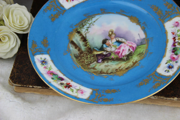 Antique French Sevres porcelain marked romantic victorian scene plate