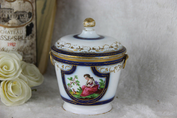 Antique French vieux paris porcelain victorian lady scene lidded Sugar bowl box
