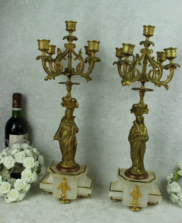 Antique French PAIR spelter madonna joseph Candelabras onyx marble saint