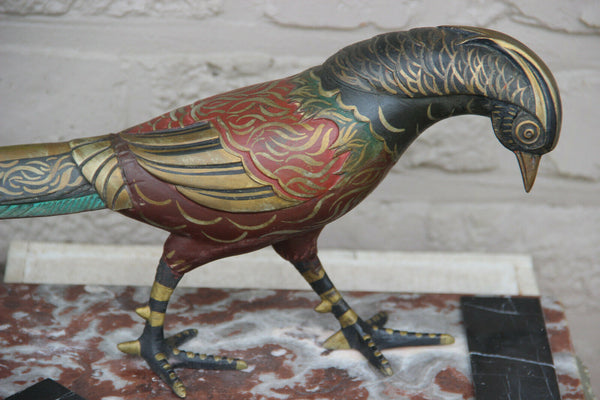 Antique french art deco spelter bronze polychrome paint pheasant bird marble