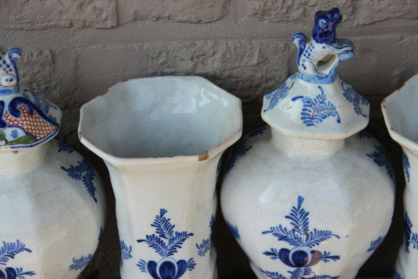 Antique holland 19th Adriaen kocks Delft pottery marked set 5 vases