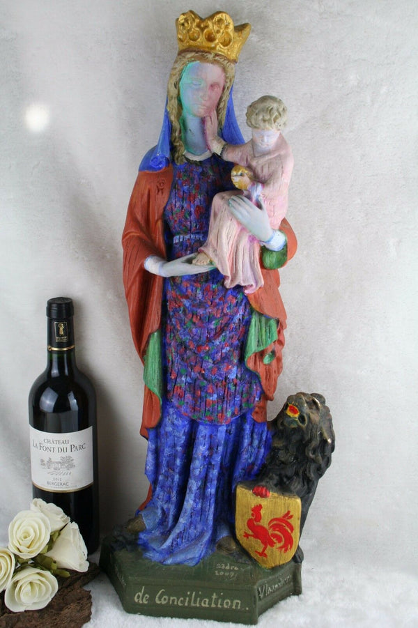 XL Flemish Chalkware handpaint Madonna Mary of Conciliation Flanders 1930