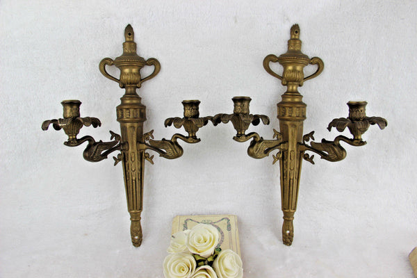 PAIR french Louis XVI Brass Wall lights sconces empire Swan arms 1950's