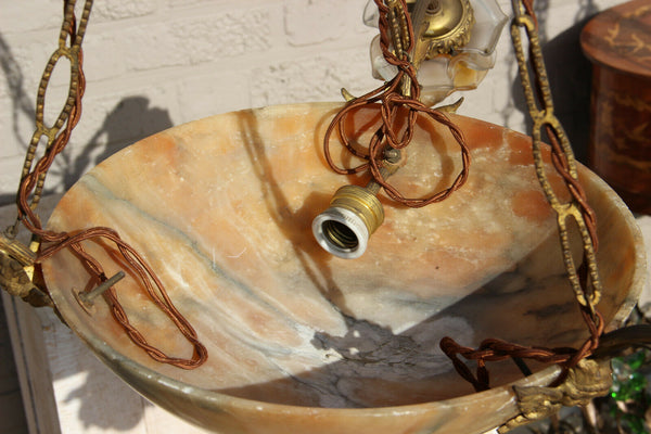 Antique French art nouveau Alabaster amber bowl Caryatid putti heads chandelier