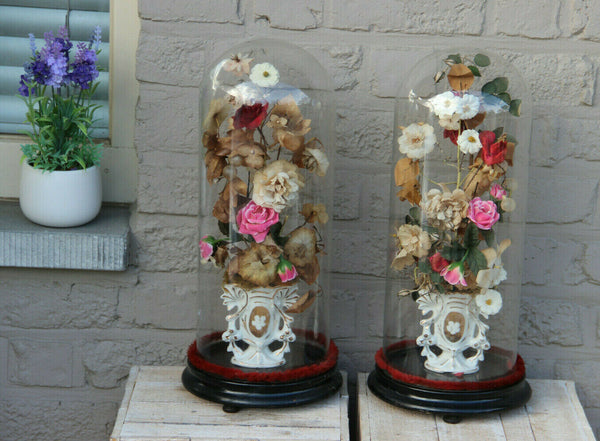 Antique PAIR French glass globes with silk Floral decor porcelain Vases