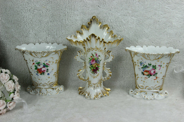 Antique French vieux paris porcelain vases set of 3 hand paint floral