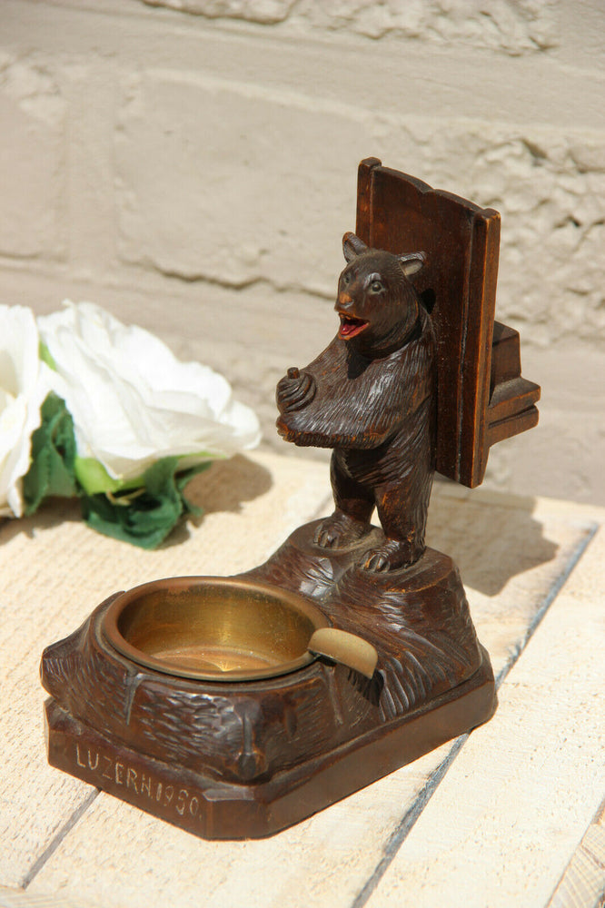 Antique hand Black forest wood carved swiss bear statue ashtray match holder