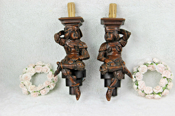 PAIR antique Breton wood carved Figurines couple Wall lights sconces 1930