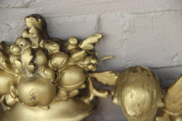 XL french chalkware Gold gilt pendiment fronton putti angels romantic Antique