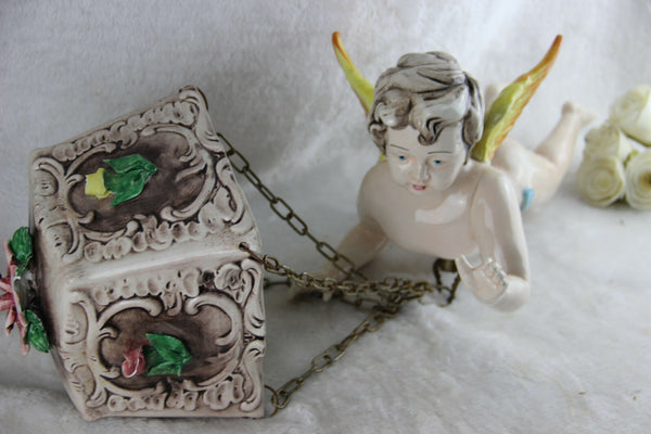 Rare Cute vintage faience Angel putti hang planter jardiniere 1960 Floral roses