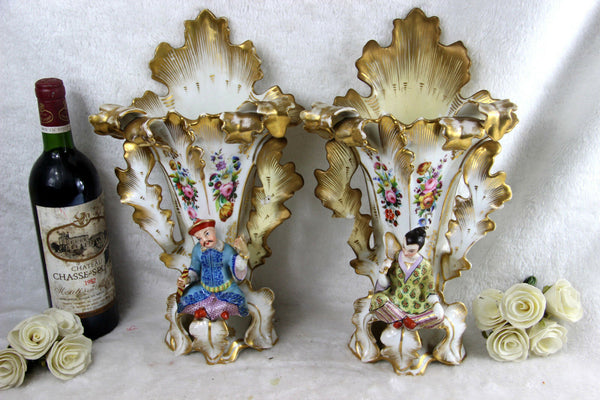 PAIR antique rare Vieux paris Vases japanese figurines geisha floral 19thc