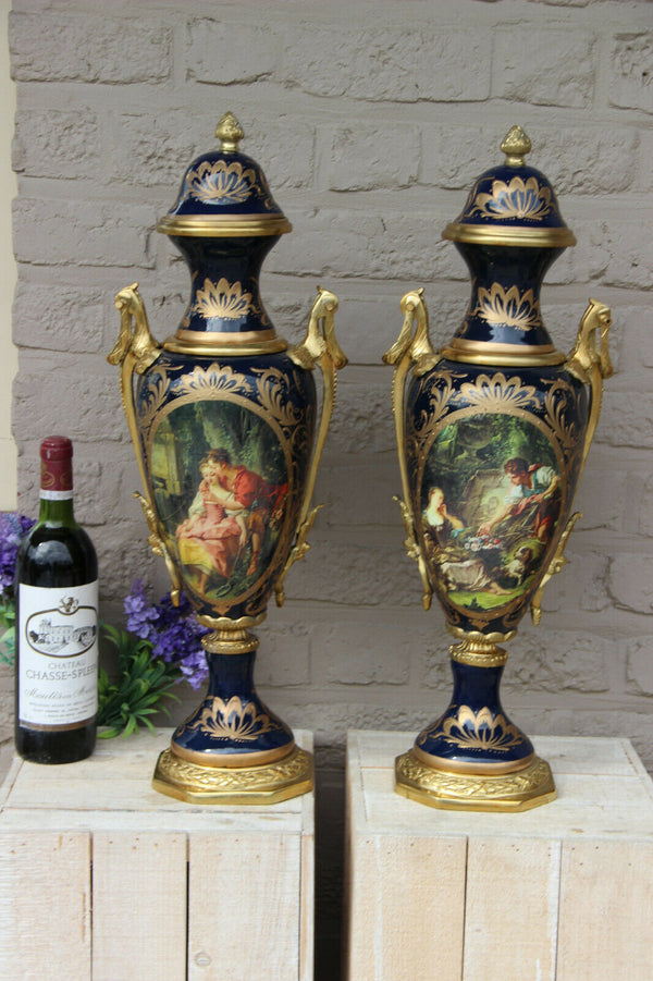 XL pair French limoges porcelain romantic landscape scene Vases