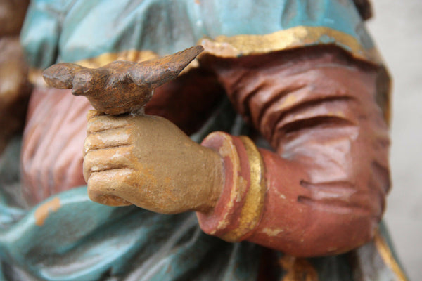 Antique flemish Wood carved polychrome madonna child bird figurine statue