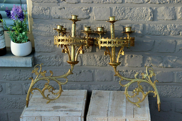 PAIR antique neo gothic dragon Church religious Wall candle holders brass n2