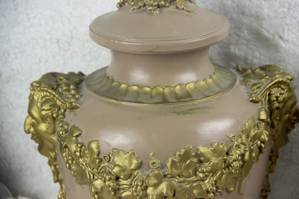 PAIR antique art deco 1920 Chalkware satyr heads Cassolette Vases urns