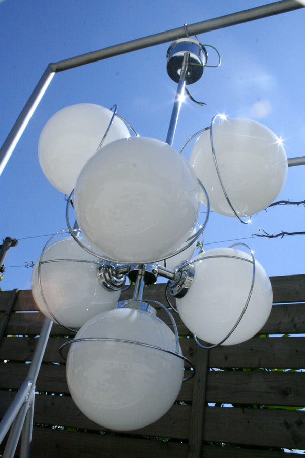 RETRO 70's Sputnik atomic Chandelier opaline glass globes chrome mid century