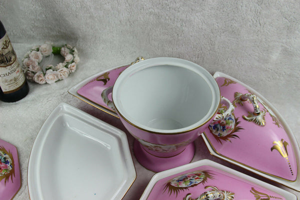 Rare French Porcelain Centerpiece Vase Tray Set putti floral pink limoges marked