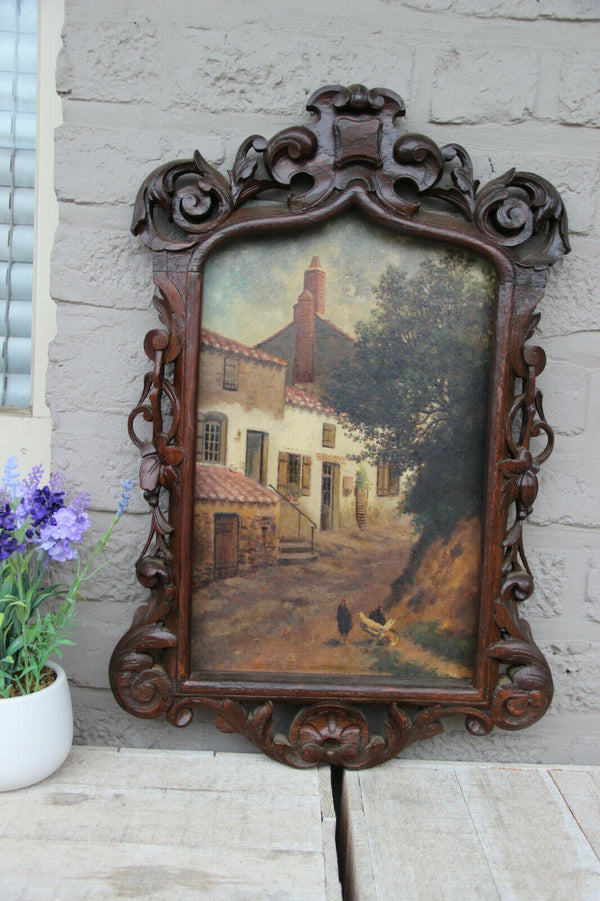 Rare antique black forest wood carved Frame with oil panel painting chickens